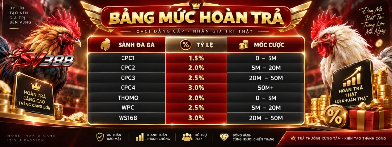 Bảng mức hoàn trả theo sảnh tại đại lý SV388